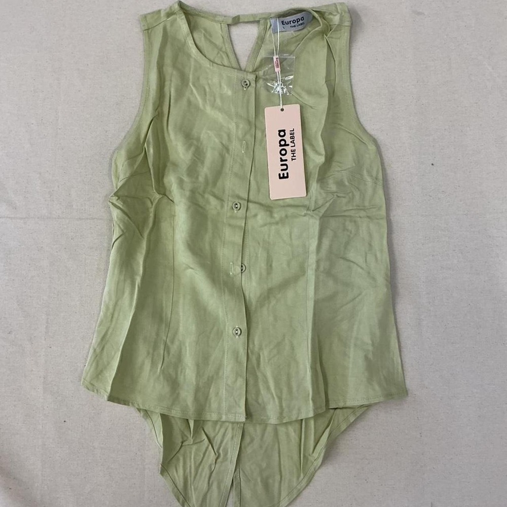 Light sage green sleeveless button-front blouse